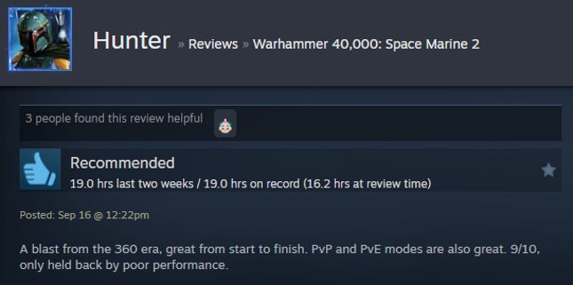 Screenshot of the article titled Warhammer 40,000: Space Marine 2, As Reported by Steam Reviews